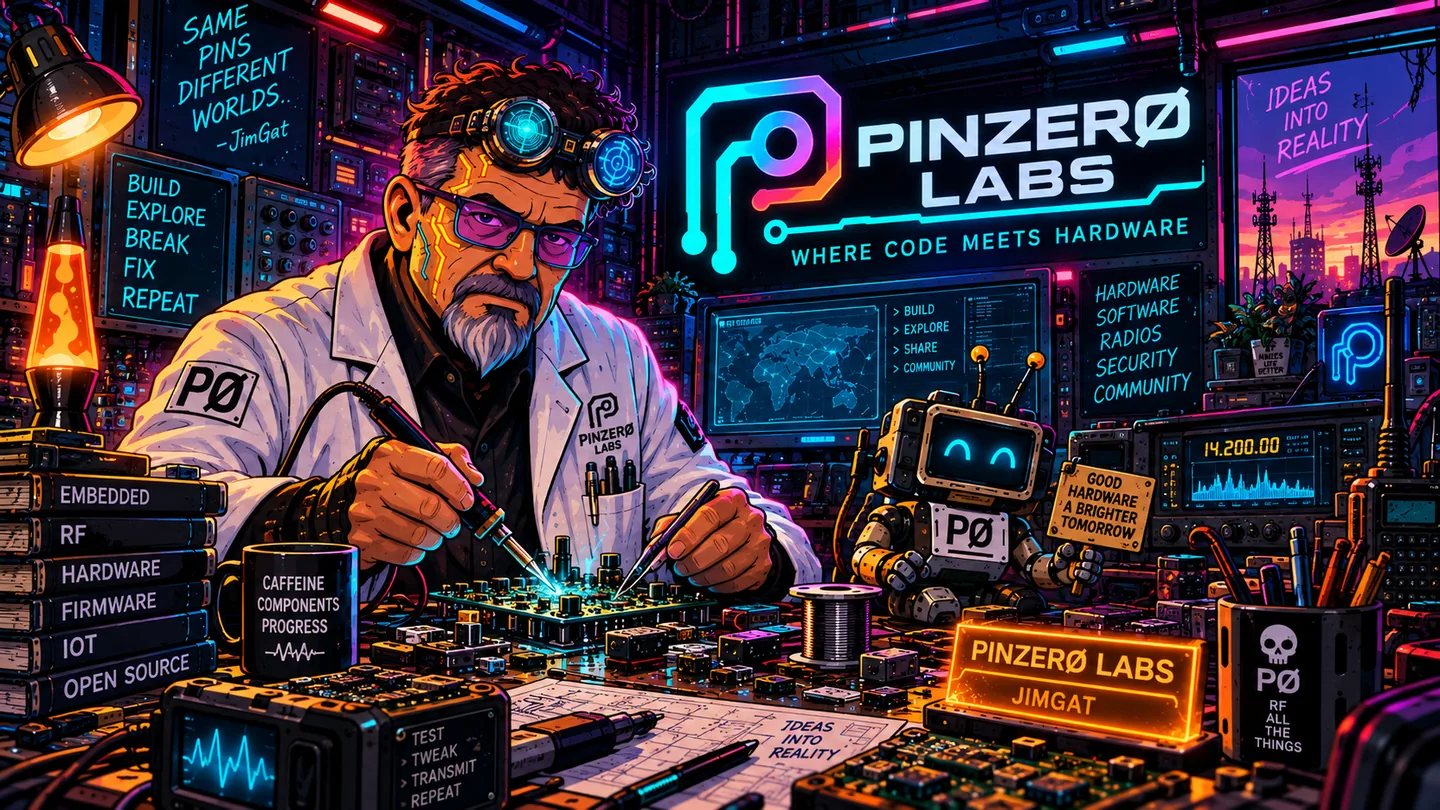 Professor Zero working at a colorful electronics bench surrounded by RF gear, tools, and ZeroBot